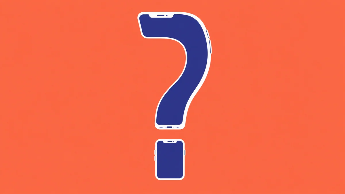 Illustration of a question mark built from phones, with a small second phone as its dot