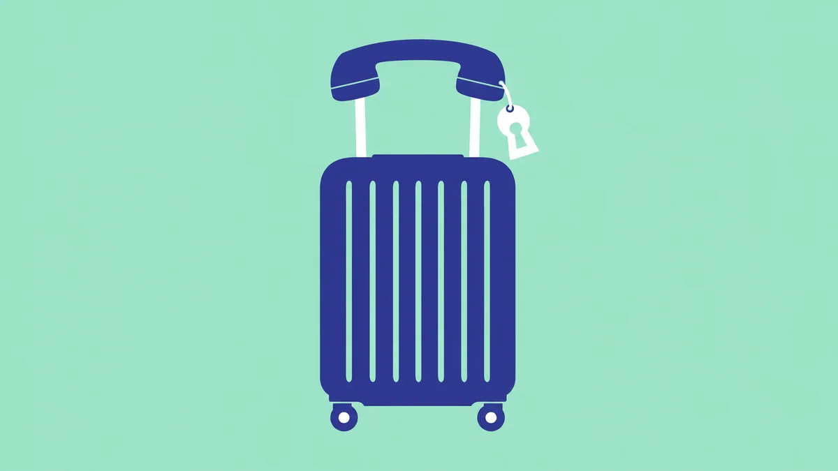 Illustration of a suitcase whose handle is a phone handset, with a keyhole-shaped luggage tag