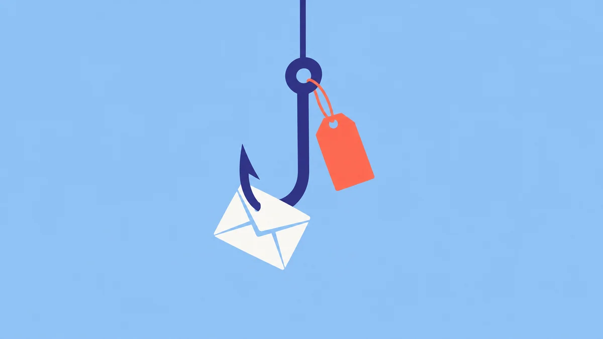 Illustration of a fishing hook baited with an envelope