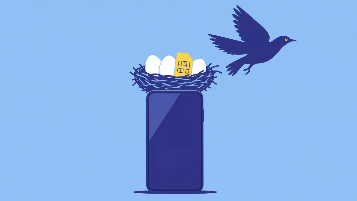 Illustration of a cuckoo leaving a SIM-card-shaped egg in a nest on top of a phone