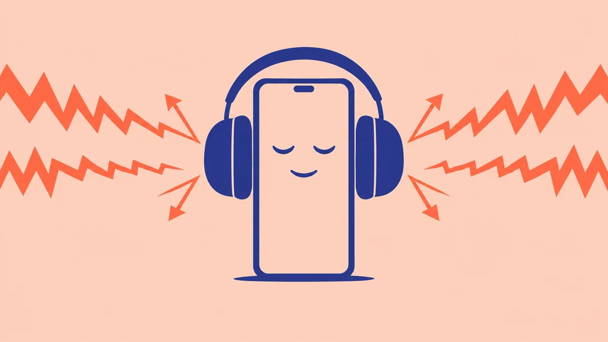 Illustration of a calm phone wearing noise-cancelling headphones while noisy sound waves bounce off