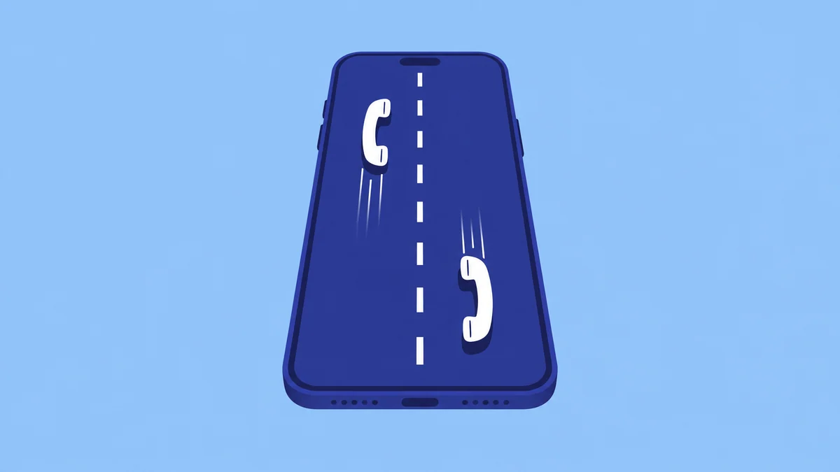Illustration of a phone screen drawn as a two-lane road, with a telephone handset in each lane