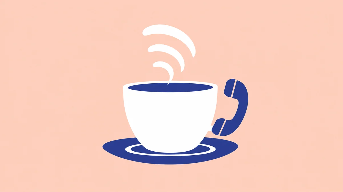 Illustration of a teacup whose handle is a phone handset, with steam curling into signal waves