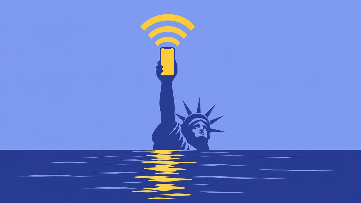 Illustration of the Statue of Liberty rising from the sea, holding up a phone with signal waves as its torch