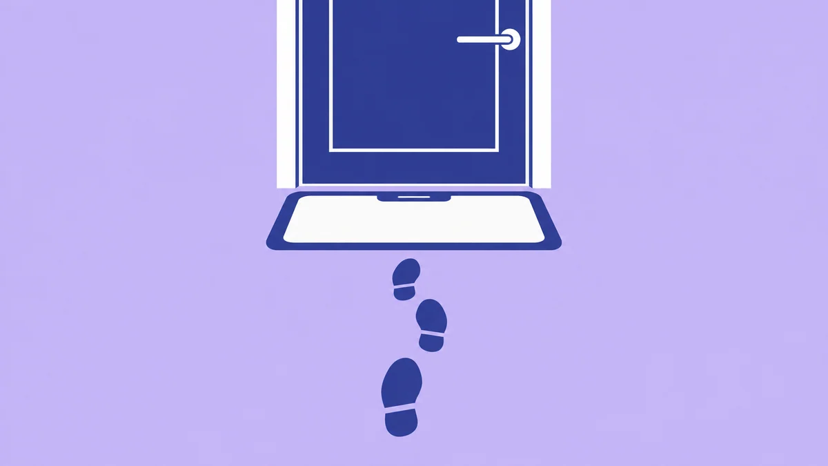 Illustration of a phone-shaped doormat with a stranger's footprints stopping short of a closed door