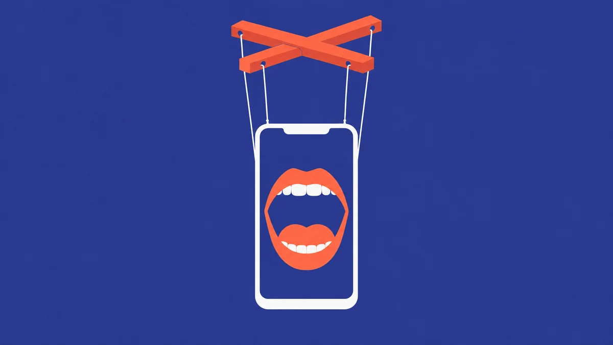 Illustration of a phone hanging from puppet strings, its screen shaped like a wide-open mouth