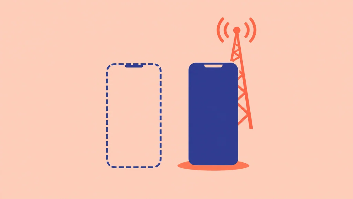 Illustration of a dashed outline phone next to a solid phone with a signal tower